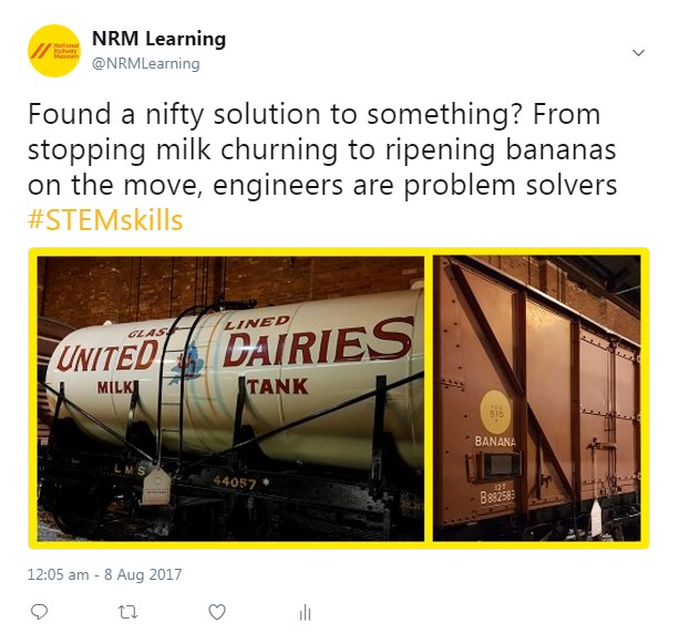 Tweet from NRMLearning, 'Found a nifty solution to something? From stopping milk churning to ripening bananas on the move, engineers are problem solvers #STEMskills'.