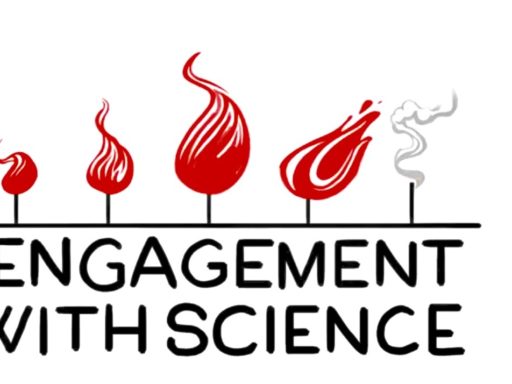 Illustration of two young people and a graph of engagement with science with flames showing their ignited interest.