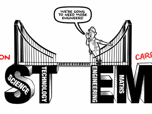 Illustration bridging the gap between STEM education and STEM careers.