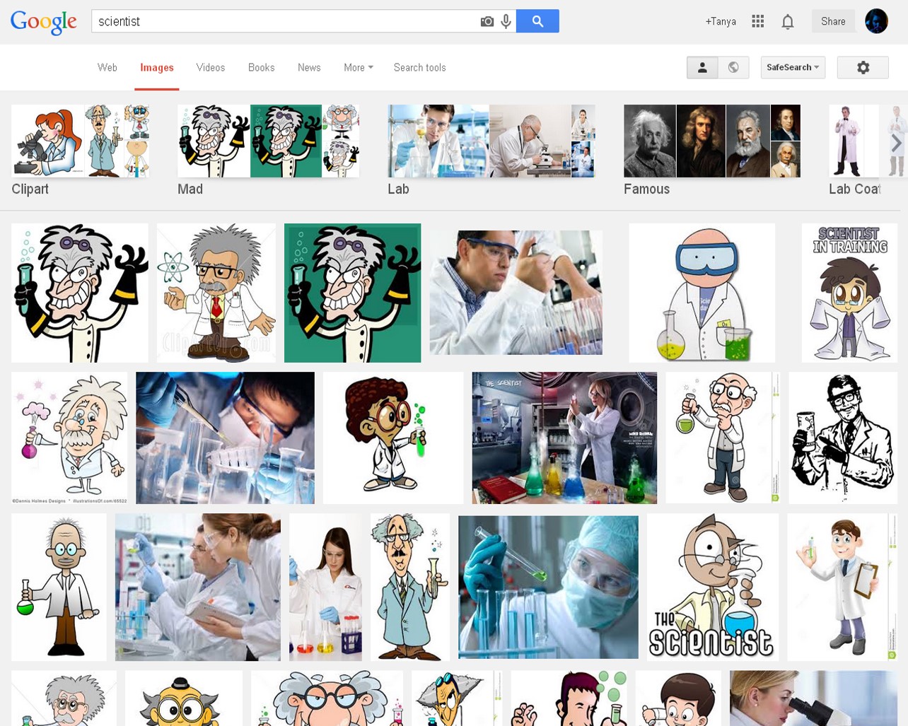 Google Image search for ‘scientist’ showing stereotypical images and cartoons of a 'mad scientist'.