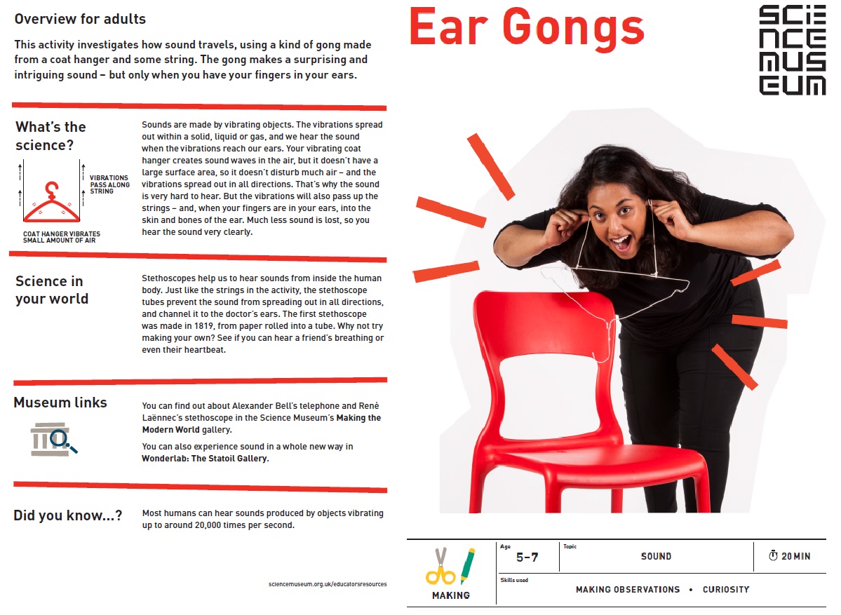 Our Ear Gongs hands-on activity with sections including science in your world, museum links, skills used and did you know...?
