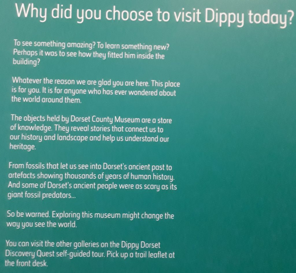 Panel asking 'Why did you choose to visit Dippy today?', part of the response being ‘whatever the reason we are glad you are here’.