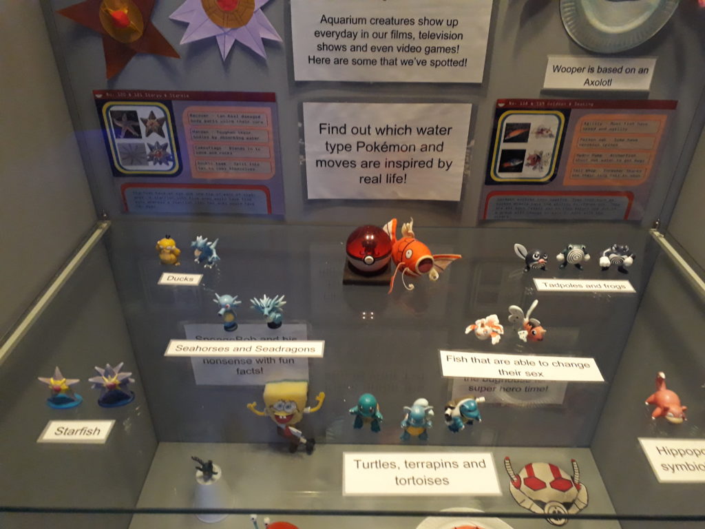 A display case of Pokémon and aquatic TV characters, in the Aquarium section.