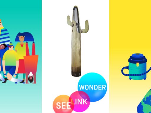 An image from the animation See Link Wonder. It features a group of people on a blue - teal gradient background, A white background with a tall cactus. There are three gradient bubbles: orange, saying "See". Pink, saying "Link". And Blue, saying "Wonder". The last gradient is yellow, with a blue hoover sucking up a globe.