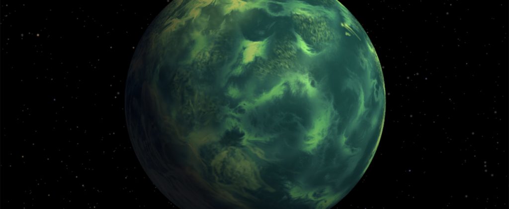 An image of an exoplanet with a different atmosphere to our own. In the image, it looks various shades of green.