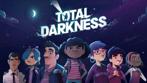 Image showing the Total Darkness logo in the night sky, with the main characters you will encounter during the game.