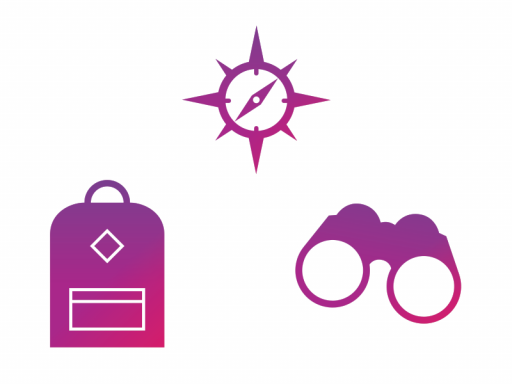 Three purple and red gradient icons, including a compass, backpack and binoculars for exploring.