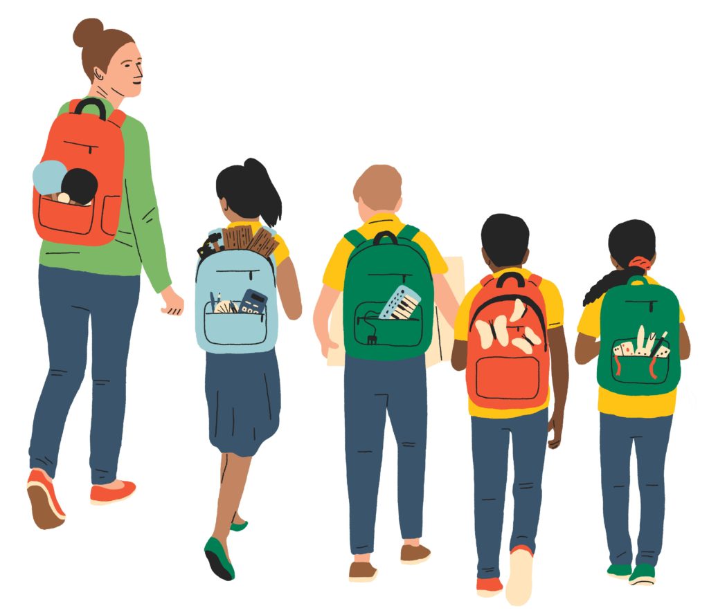 Illustration of one adult and four children each with backpacks showing different interests e.g. sport, maths and engineering, music, nature and magic.