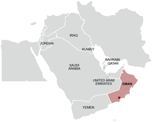 A map showing the Middle East with most countries in grey. Oman is highlighted in red, with a red dot indicating where the practice trip to Mars took place.