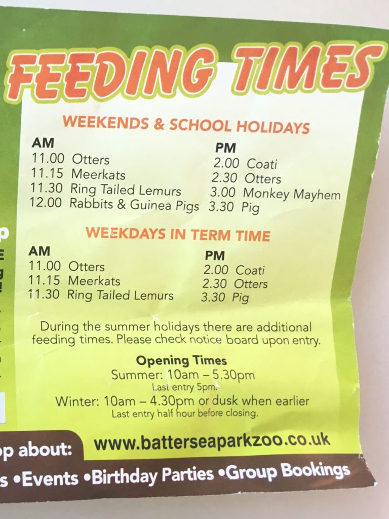 Feeding times leaflet handed out upon arrival at the zoo with map on other side.