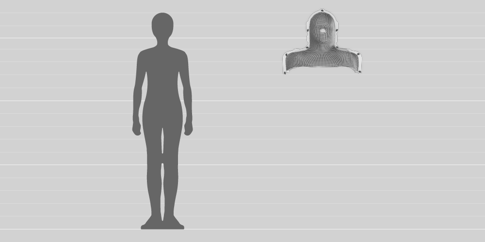A comparison in size between a 1.8-metre-tall human and the 45cm-long radiotherapy mask. 