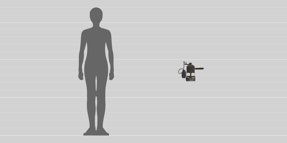 A comparison in size between a 1.8-metre-tall human and the 26cm-tall carbolic steam spray. 
