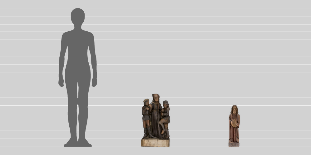 A comparison in height between a 1.8-metre-tall human, the 65cm-tall Saint Apollonia statue and the 50cm-tall Saint Adrian statue. 