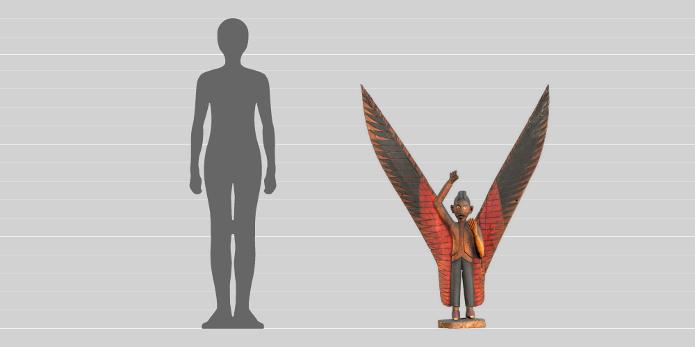 A comparison in height between a 1.8-metre-tall human and the 1.3-metre-tall statue. 
