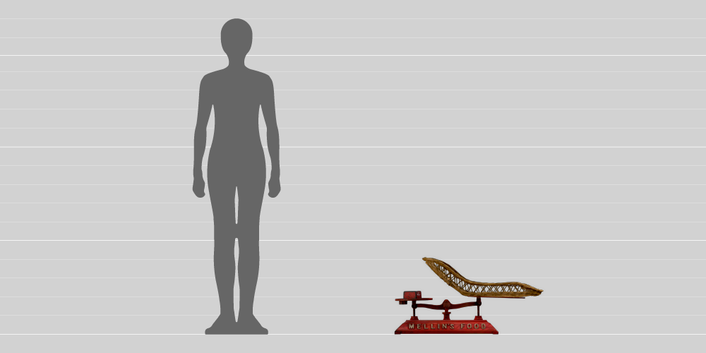 A comparison in size between a 1.8-metre-tall human and the 42cm-tall baby weighing scales. 