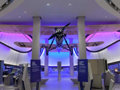 Mathematics: The Winton Gallery, view of the Handley Page aircraft and the installation showing the patterns of airflow around it developed by Zaha Hadid Architects. Image Credit: Science Museum Group.