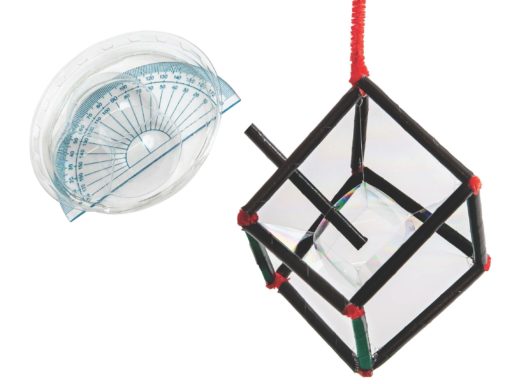 Two images are superimposed on a white background. On the left, three bubbles sit on a clear lid, with a protractor underneath. On the right, a cube shaped frame with a straw and cube bubble in the middle and soap film stretched to the corners of the cube frame.