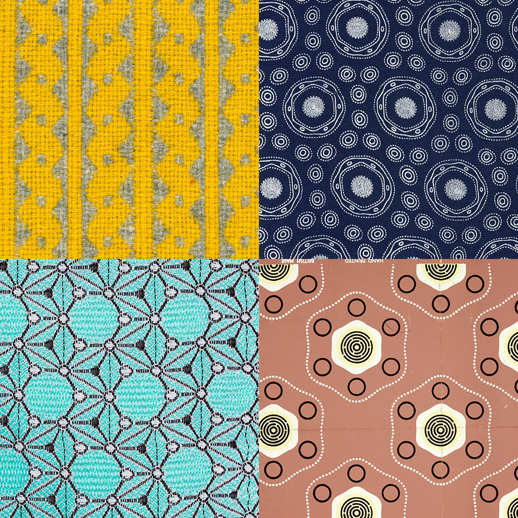 A composite of four fabric scraps. Clockwise from top left: yellow and grey stripes and dots (mica); pale circles on navy blue (haemoglobin); hexagonal shapes on a dusky pink background (insulin); hexagonal shapes, circles and triangles on turquoise (china clay)