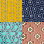 A composite of four fabric scraps. Clockwise from top left: yellow and grey stripes and dots (mica); pale circles on navy blue (haemoglobin); hexagonal shapes on a dusky pink background (insulin); hexagonal shapes, circles and triangles on turquoise (china clay)