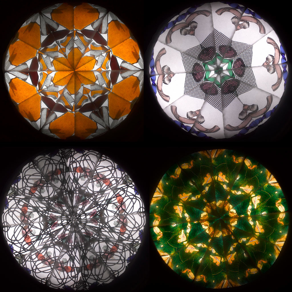 A photograph of four circular shaped kaleidoscopic patterns on a black background. Clockwise from top left: orange, white and brown; white, blue and pink; white, red and black; green and yellow.