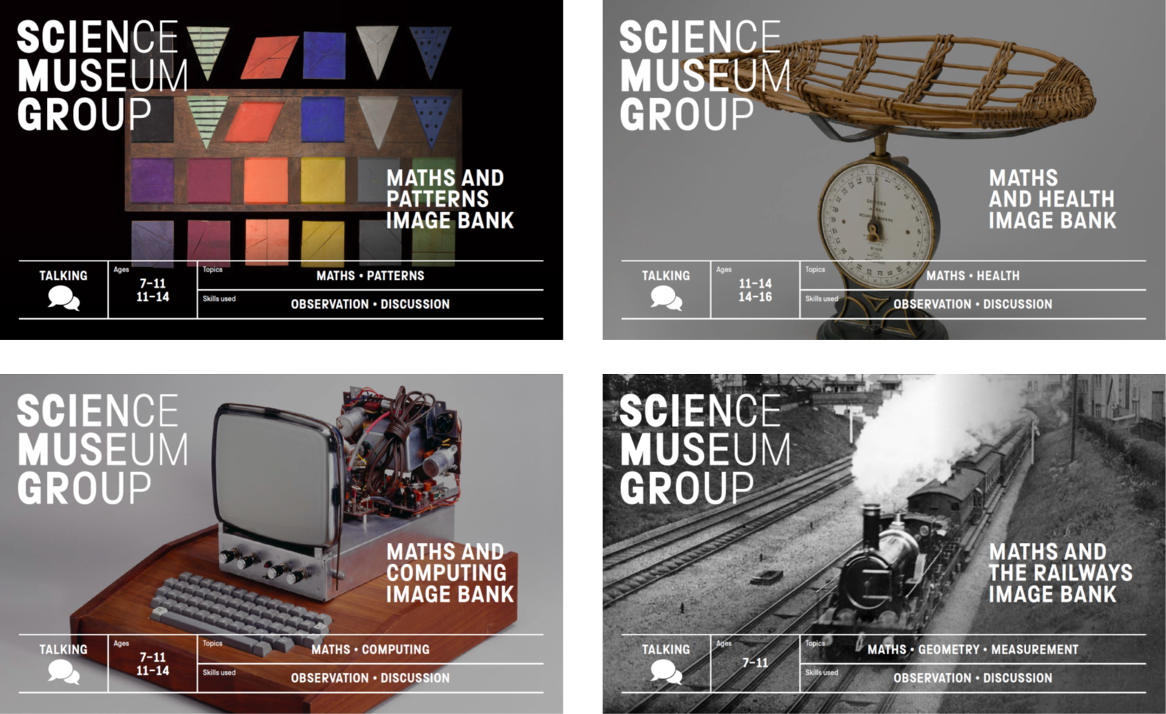 Our four maths image banks: maths and patterns, maths and health, maths and computing, maths and the railways.