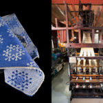 On the left is a scrap of blue and silver patterned fabric. On the right, a large jacquard loom is photographed. Made from wood and metal, there are four ribbons being fed into the machine.