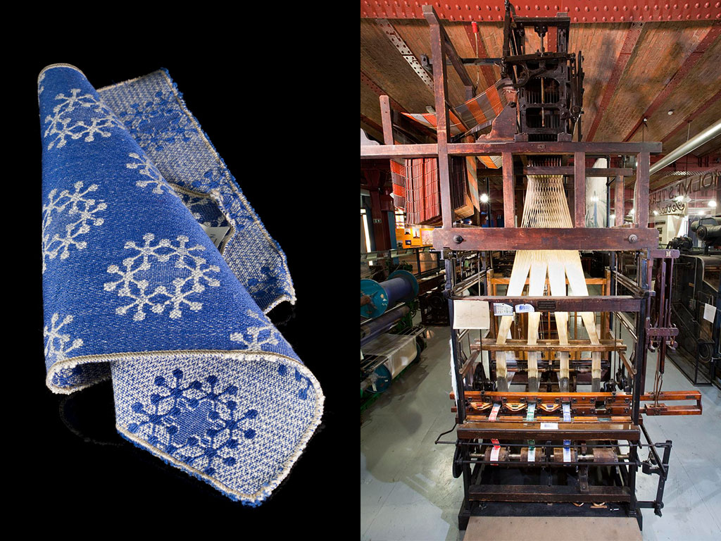 On the left is a scrap of blue and silver patterned fabric. On the right, a large jacquard loom is photographed. Made from wood and metal, there are four ribbons being fed into the machine.