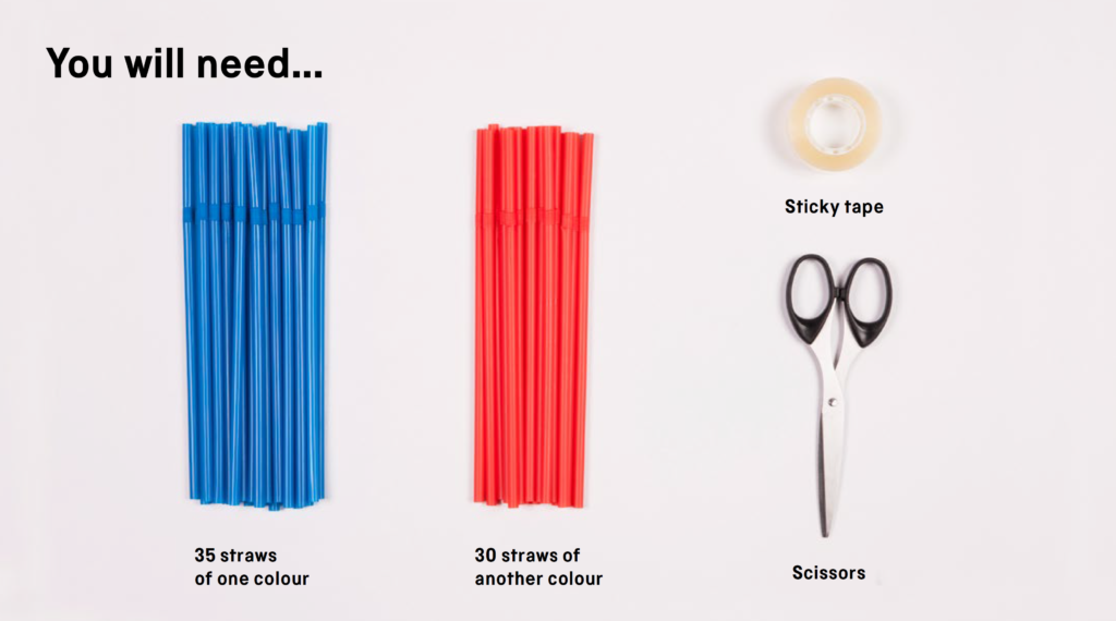 You will need: 35 straws of one colour, 30 straws of another colour, scissors and sticky tape.