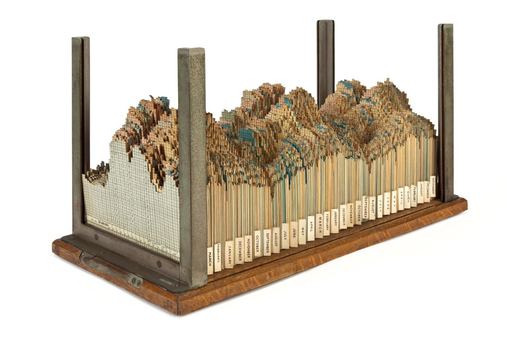 Three-dimensional chart used by Central Electricity Generating Board planners, c.1954. Consists of about 300 cards with square-cut stepped edges in an enclosure of chrome steel uprights, mounted on a wooden base, with a handle at each end. An early example of 3D data visualisation, representing electricity generation and demand over time.