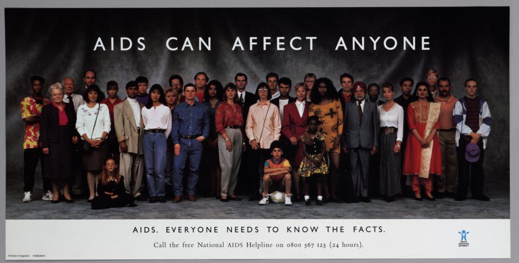 "AIDS can affect anyone poster" - landscape version, one of 800 health education posters produced for the Central Council for Health Education (1927-69), Health Education Council (1969-87) and Health Education Authority (1987-2000).