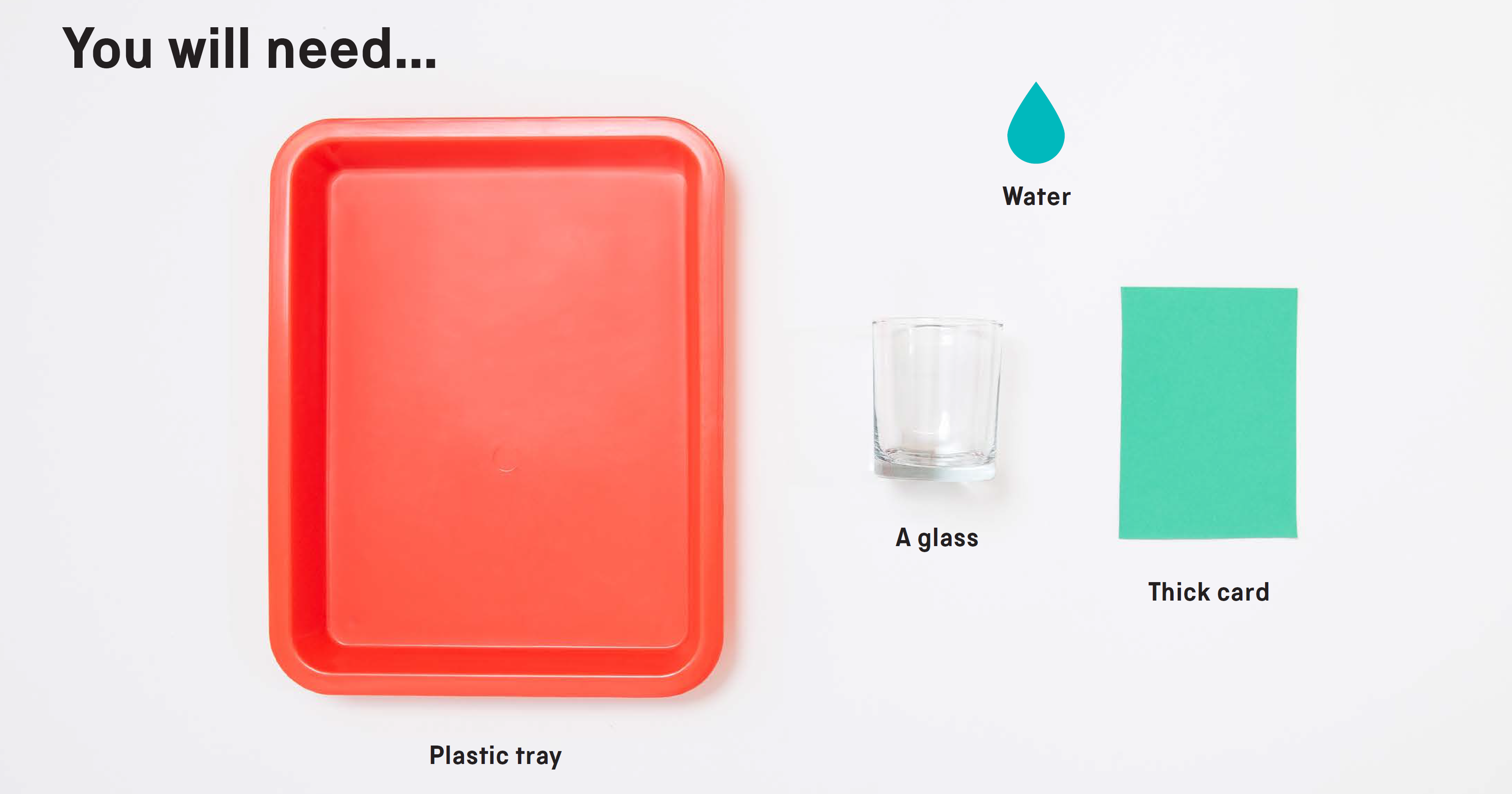 You will need: a plastic tray, water, a glass and a piece of thick card.