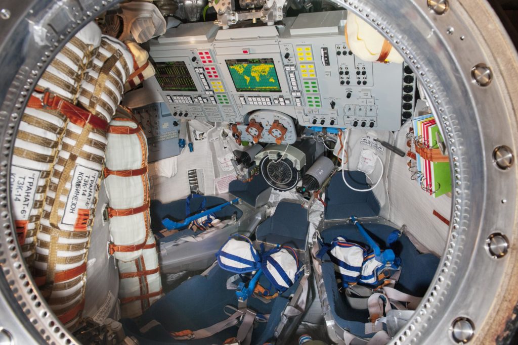 Interior view of Soyuz TMA-19M descent module, S.P. Korolev Rocket and Space Public Corporation Energia, Russia, 2015
