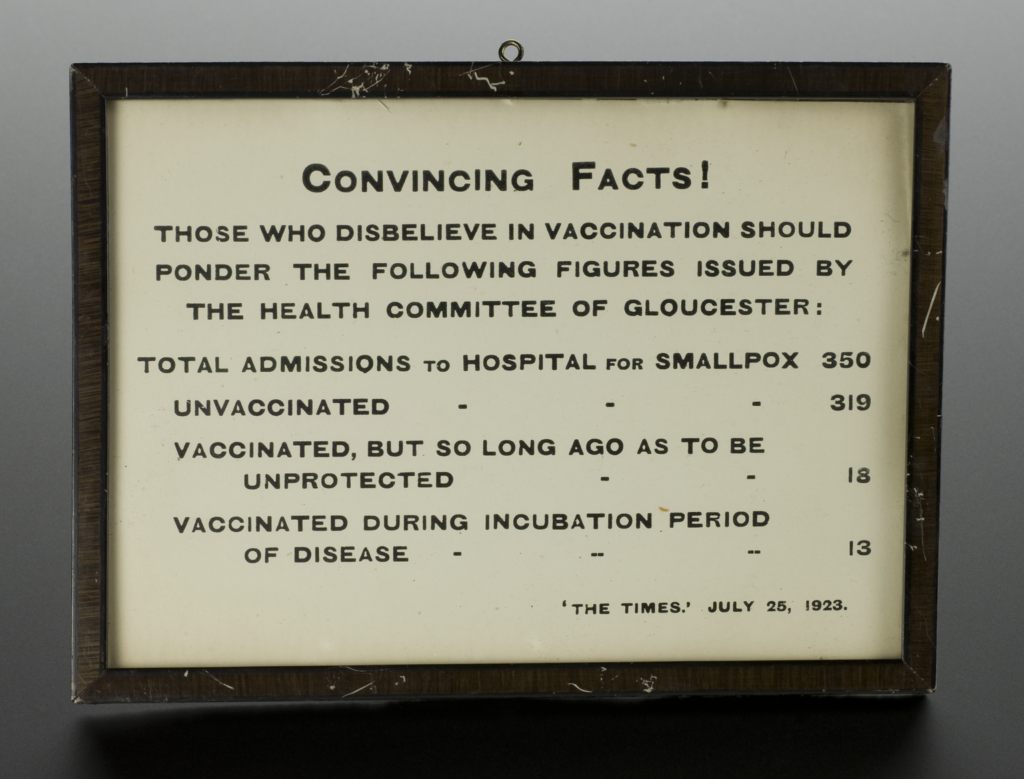 A framed poster advocating for vaccination against smallpox. It reads: "Convincing facts! Those who disbelieve in vaccination should ponder the following figures issued by the health committee of Gloucester: Total admissions to hospital for smallpox: 350. Unvaccinated: 319 Vaccinated, but so long ago as to be unprotected: 18. Vaccinated during incubation period of disease: 13. 'The Times.' July 25, 1923."