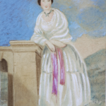 Watercolour portrait of Florence Nightingale, a white woman with pale skin and dark hair tied back. She is leaning on a stone pillar against a blue sky and green hills in the background. She wears a long white dress8 and shawl, with a bright pink sash around her waist and a silver necklace.