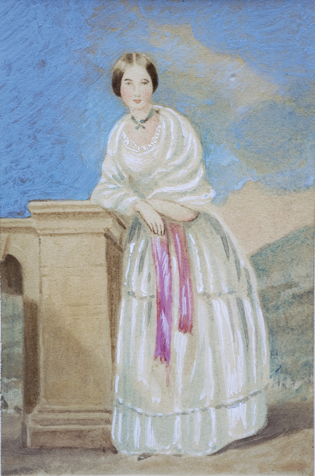 Watercolour portrait of Florence Nightingale, a white woman with pale skin and dark hair tied back. She is leaning on a stone pillar against a blue sky and green hills in the background. She wears a long white dress8 and shawl, with a bright pink sash around her waist and a silver necklace.