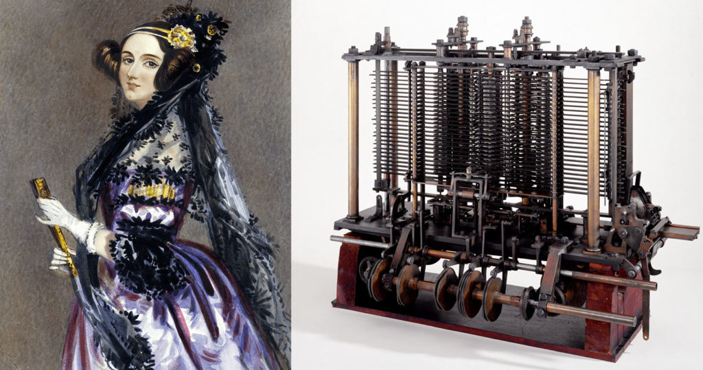 On the left is a watercolour portrait of Ada Lovelace, a woman with pale skin and dark hair. She wears a purple gown with a black lace veil with gold and black accents. On the right is a photograph of Charles Babbage's Difference Engine No. 2, made from wood and metal.