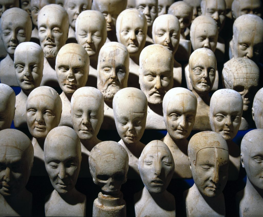 Wooden case containing 60 small phrenological heads, by William Bally, Manchester or Dublin, 1831. From a colour transparency in the Science Museum Photographic Archive.