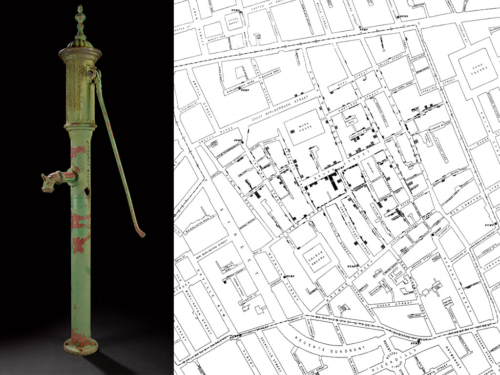 A composite of two images. On the left is a water pump photographed on a black background. The pump has a green colour to it, with lots of rust. There is a spout and a long lever attached to it. On the right is a black and white line drawn map of Fitzrovia, London. On the map pumps are marked. One particular pump, on Broad Street, is surrounded by markings - these are tallies of deaths due to cholera.