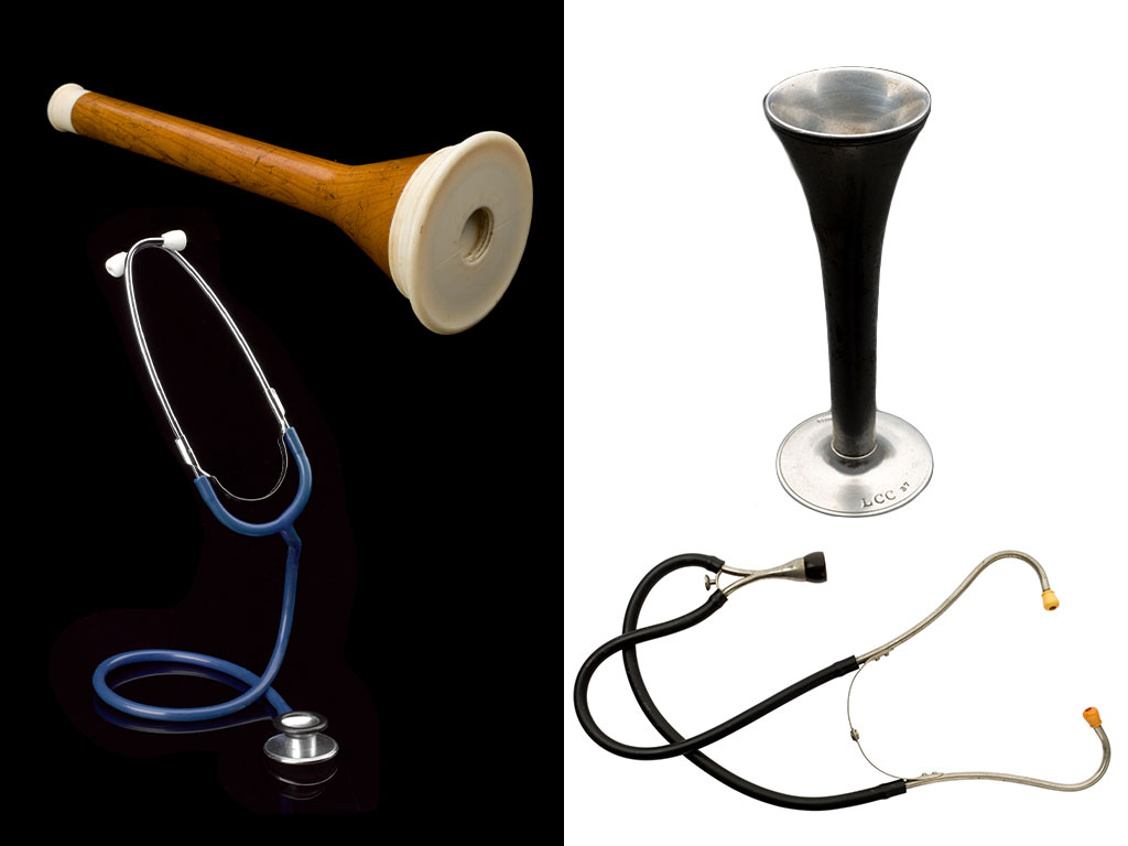 A composite image of various stethoscopes. Clockwise from top left: Wooden 'monoaural' stethoscope. Made from wood and brass, it is trumpet-shaped with a small single earpiece made from ivory; foetal stethoscope, made from metal in a similar shape to the monoaural stethoscope; binarual stethoscope, made from metal and black rubber. Two ear pieces connect to two metal and rubber cords that meet to form a single metal and rubber stop; emergency stethoscope, similar to the binaural stethoscope but has one rod instead of two, and the rubber casing is blue instead of black.
