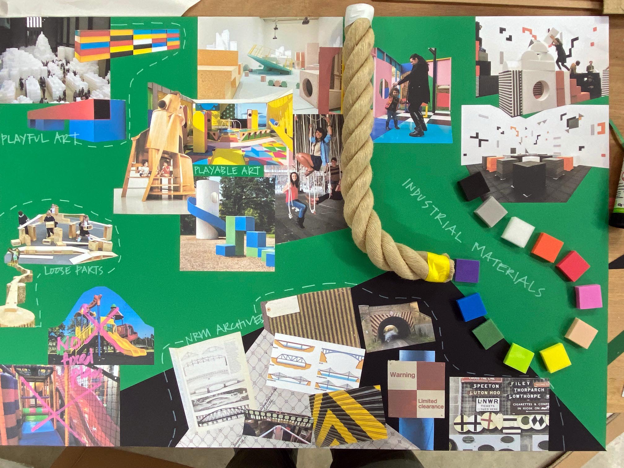 A green moodboard, with images of play areas and art installations that you can climb on. At the bottom of the page are lots of railway bridges and signs. It also shows a large piece of rope and foam squares.
