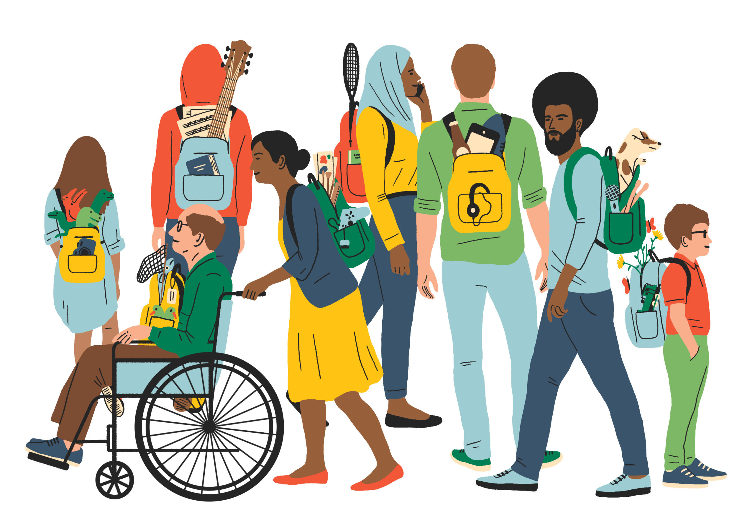 A group of drawn people gathered together from different backgrounds. One is being pushed in a wheelchair, one is carrying a tennis racket in their bag and another carrying a guitar. The people represent the diverse visitors who visit museums. 