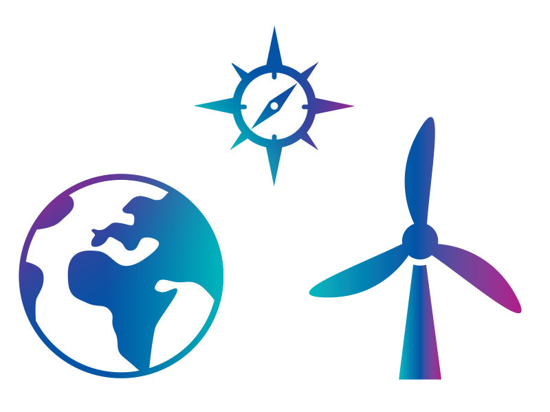 A white background featuring a floating purple globe, compass and wind turbine icons