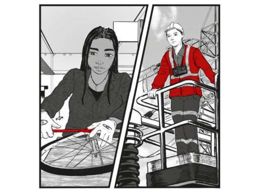 Two images side-by-side: A manga style illustration of a female bike technician repairing a wheel alongside a power networks technician high up on a crane near a pylon.