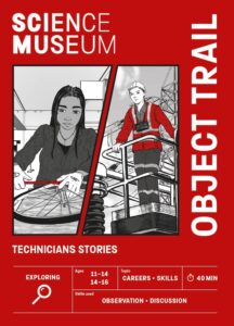 Front cover of the Technicians object trail. It's painted red with the Science Museum logo in the top left corner and the image of a female fixing a bike wheel and a male on a scissor lift