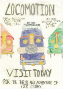 A poster designed by students from the Greenfield Academy tp promote Locomotion. The poster includes three trains in the colours red, blue and green.